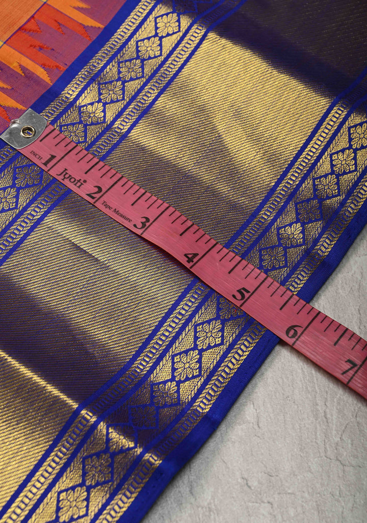 Yellow-Red Kanjivaram Pure Silk Saree with Checks Pattern and Contrast Temple Zari Border | SILK MARK CERTIFIED