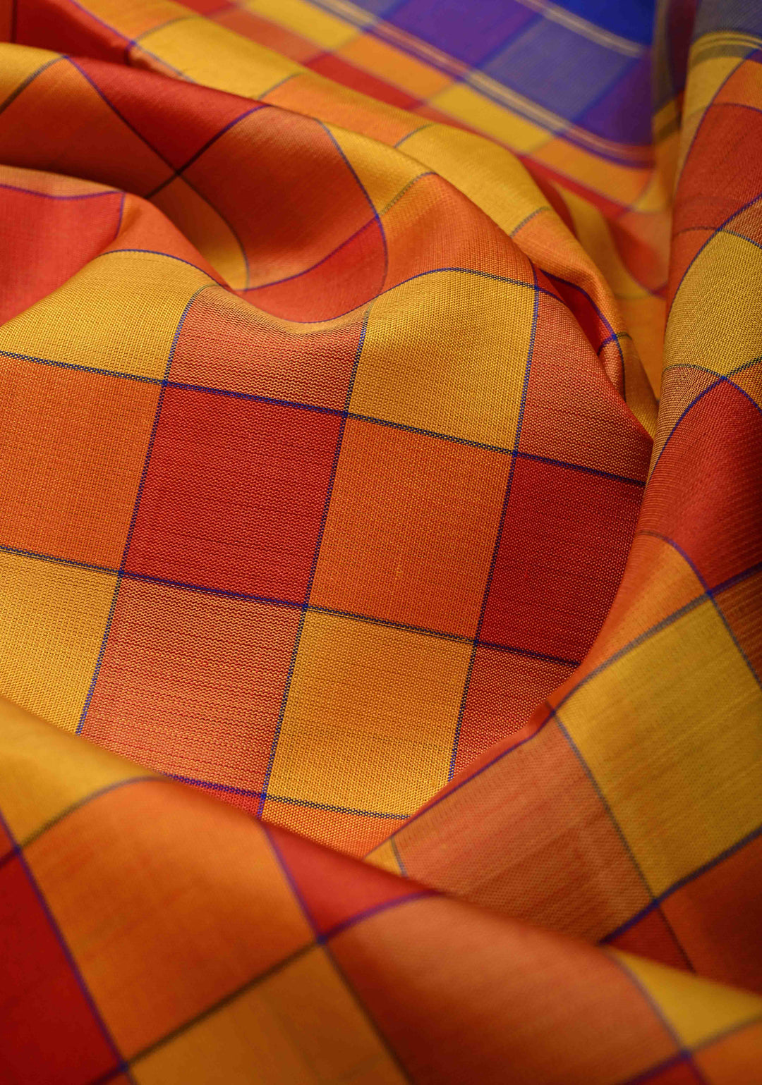 Yellow-Red Kanjivaram Pure Silk Saree with Checks Pattern and Contrast Temple Zari Border | SILK MARK CERTIFIED