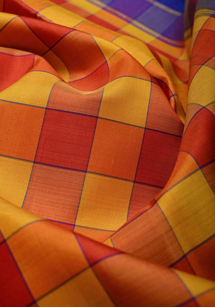 Yellow-Red Kanjivaram Pure Silk Saree with Checks Pattern and Contrast Temple Zari Border | SILK MARK CERTIFIED