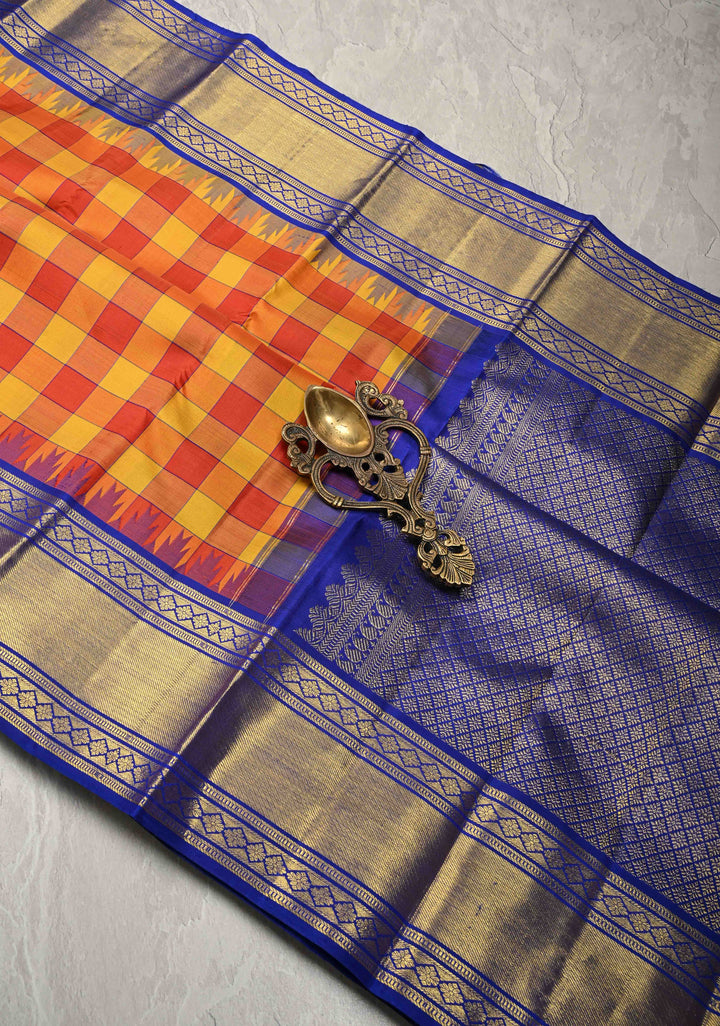 Yellow-Red Kanjivaram Pure Silk Saree with Checks Pattern and Contrast Temple Zari Border | SILK MARK CERTIFIED