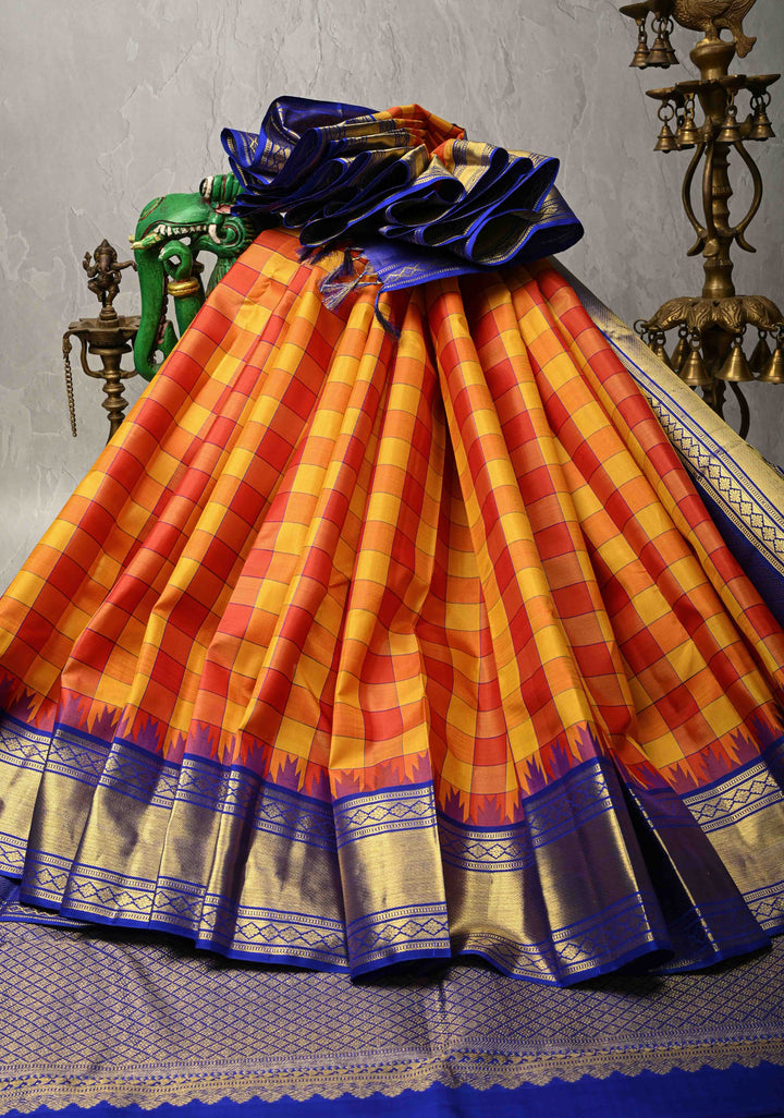 Yellow-Red Kanjivaram Pure Silk Saree with Checks Pattern and Contrast Temple Zari Border | SILK MARK CERTIFIED