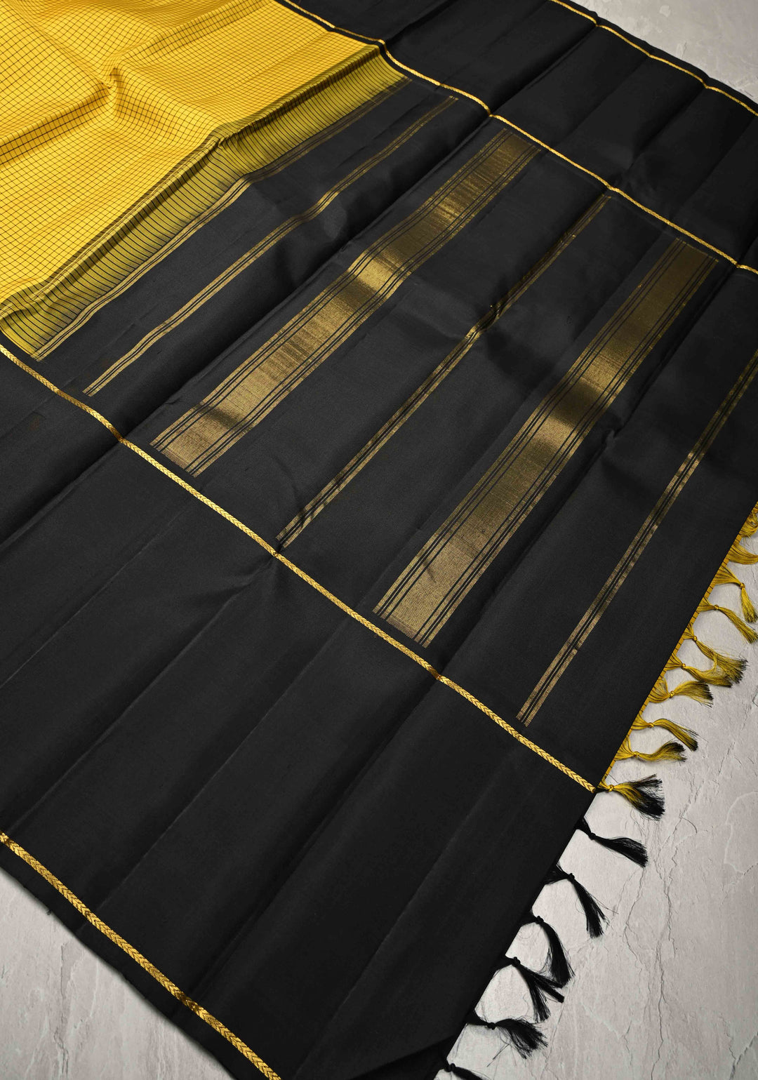 Yellow checks Kanjivaram Pure Silk Saree with Contrast Black Skirt Border | SILK MARK CERTIFIED