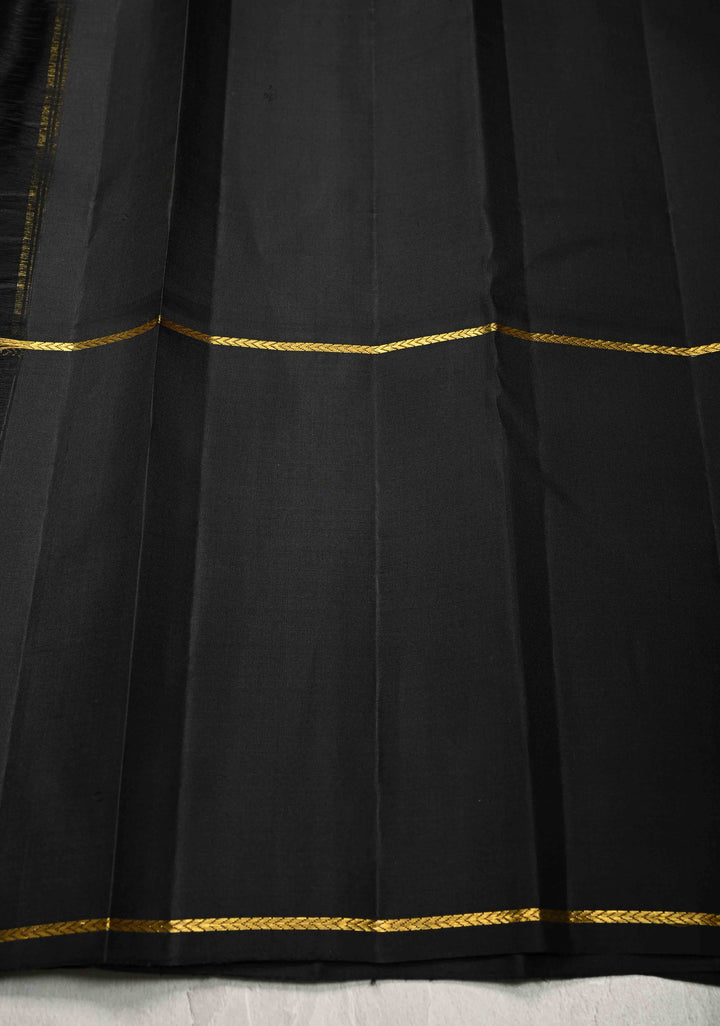 Yellow checks Kanjivaram Pure Silk Saree with Contrast Black Skirt Border | SILK MARK CERTIFIED