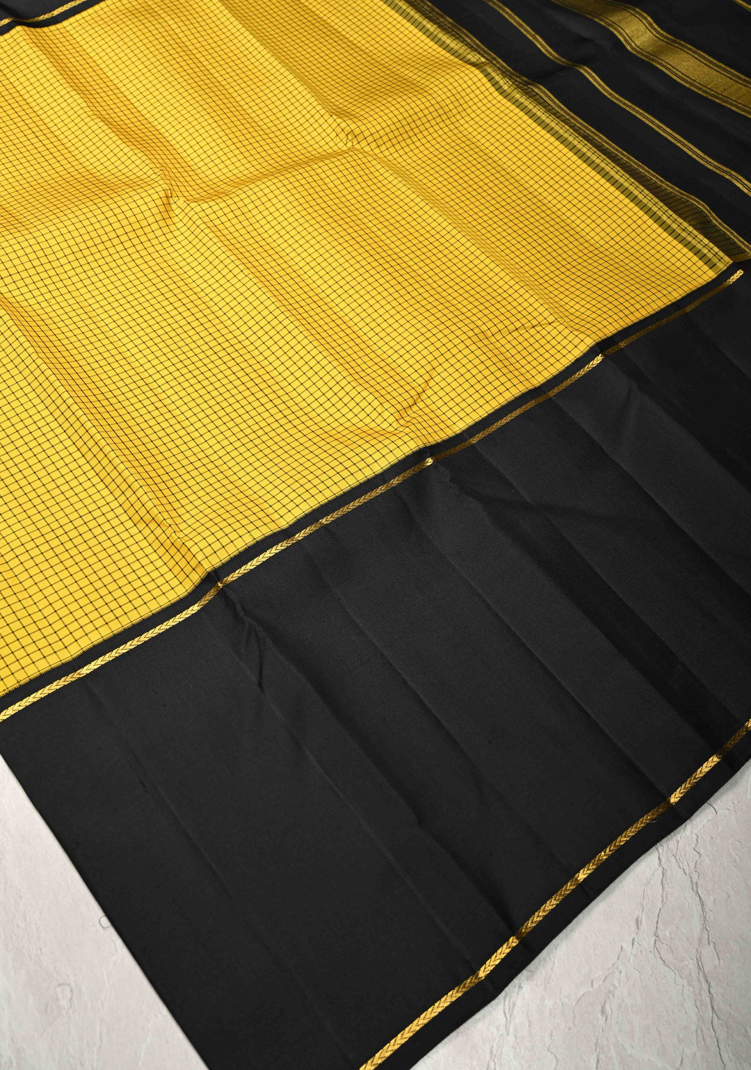 Yellow checks Kanjivaram Pure Silk Saree with Contrast Black Skirt Border | SILK MARK CERTIFIED