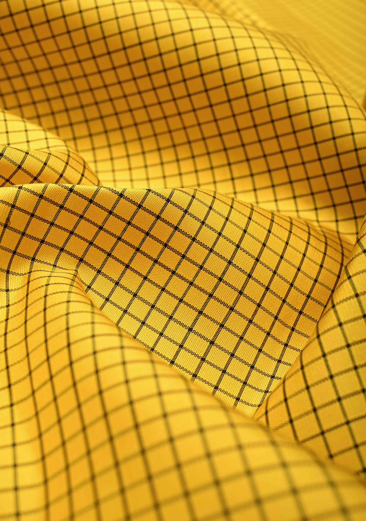 Yellow checks Kanjivaram Pure Silk Saree with Contrast Black Skirt Border | SILK MARK CERTIFIED