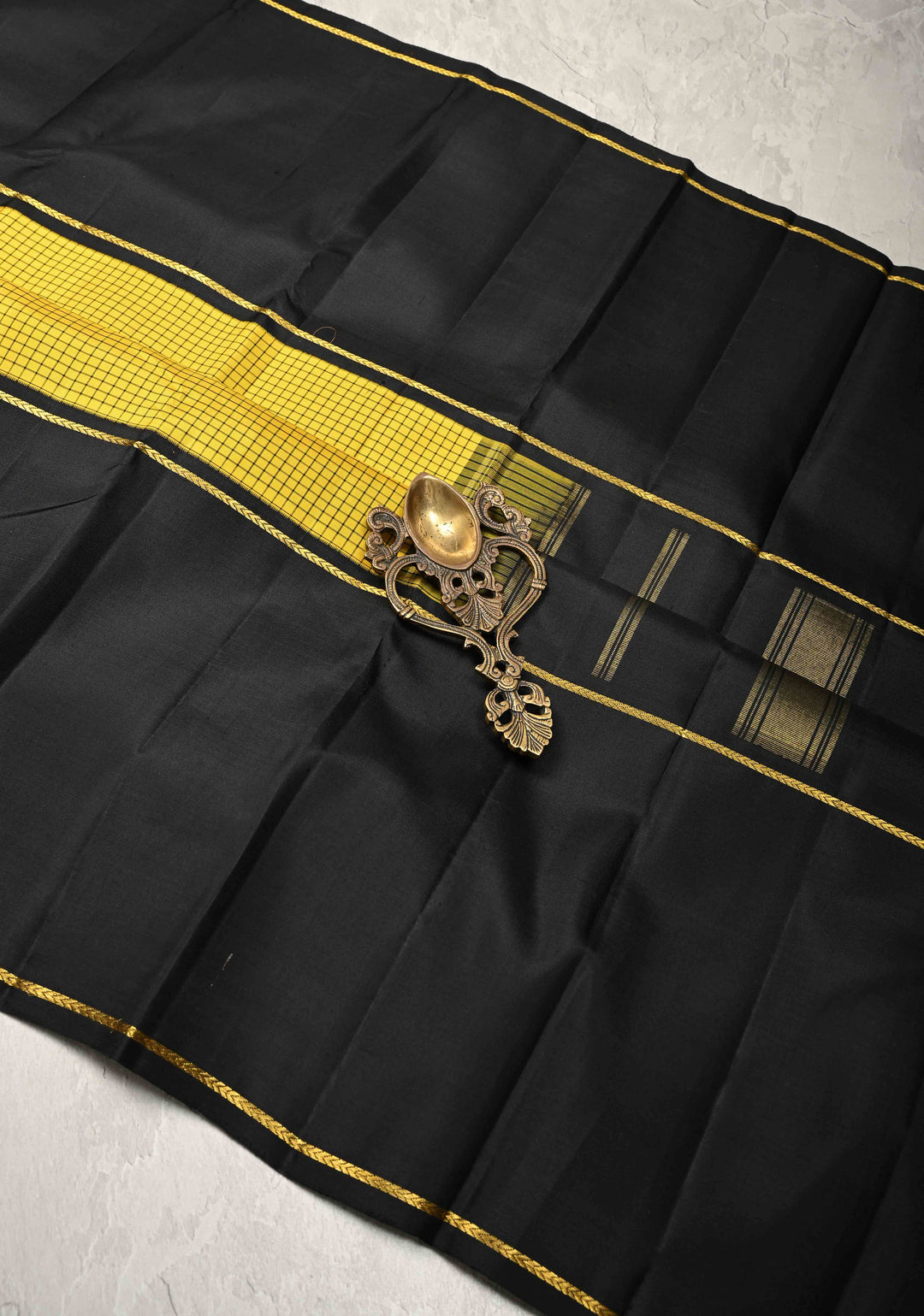Yellow checks Kanjivaram Pure Silk Saree with Contrast Black Skirt Border | SILK MARK CERTIFIED