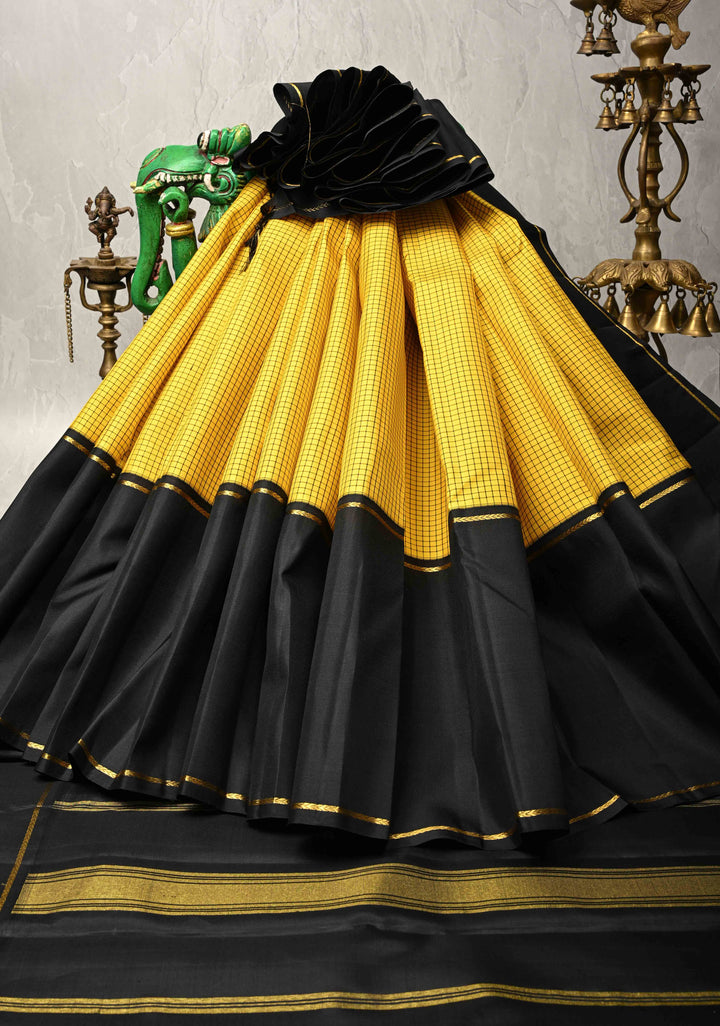 Yellow checks Kanjivaram Pure Silk Saree with Contrast Black Skirt Border | SILK MARK CERTIFIED