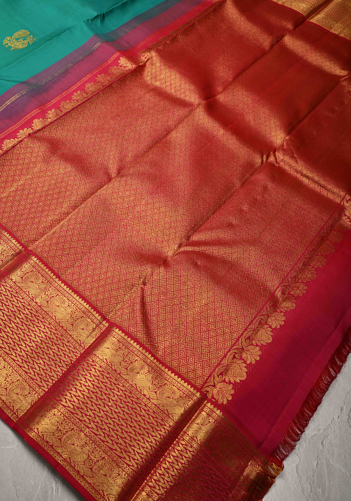 Rama Green Korvai Weave Kanjivaram Pure Silk Saree with Peacock Buttas and Contrast Zari Border | SILK MARK CERTIFIED