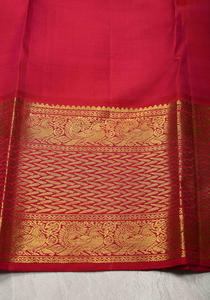 Rama Green Korvai Weave Kanjivaram Pure Silk Saree with Peacock Buttas and Contrast Zari Border | SILK MARK CERTIFIED