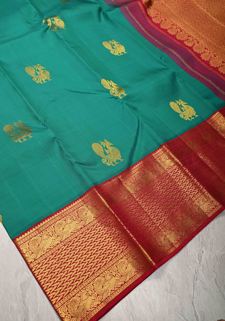 Rama Green Korvai Weave Kanjivaram Pure Silk Saree with Peacock Buttas and Contrast Zari Border | SILK MARK CERTIFIED