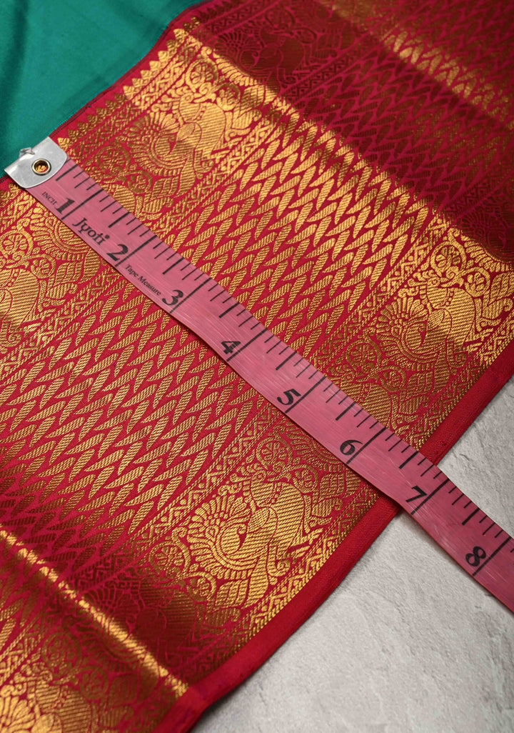 Rama Green Korvai Weave Kanjivaram Pure Silk Saree with Peacock Buttas and Contrast Zari Border | SILK MARK CERTIFIED