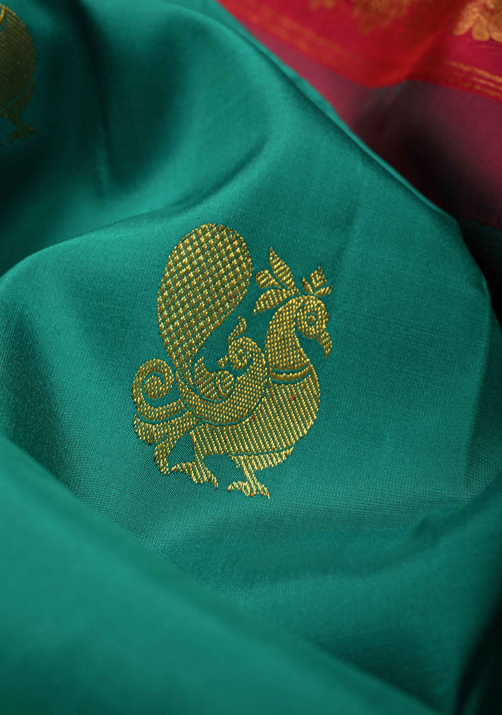 Rama Green Korvai Weave Kanjivaram Pure Silk Saree with Peacock Buttas and Contrast Zari Border | SILK MARK CERTIFIED