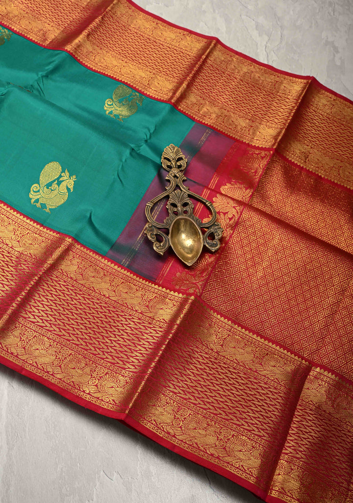 Rama Green Korvai Weave Kanjivaram Pure Silk Saree with Peacock Buttas and Contrast Zari Border | SILK MARK CERTIFIED