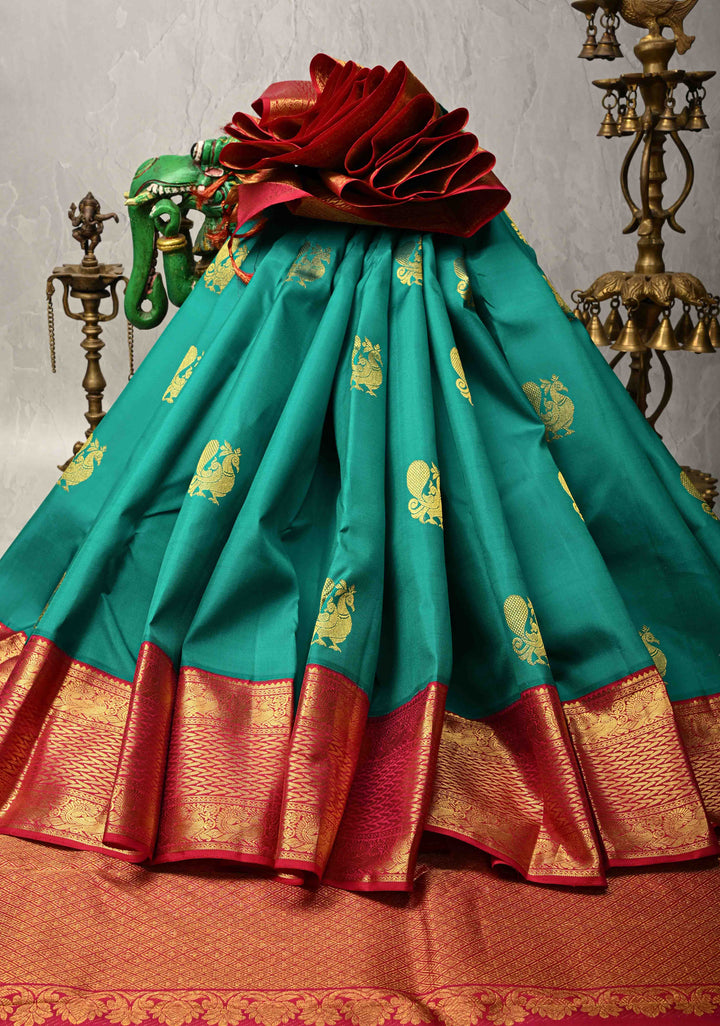Rama Green Korvai Weave Kanjivaram Pure Silk Saree with Peacock Buttas and Contrast Zari Border | SILK MARK CERTIFIED