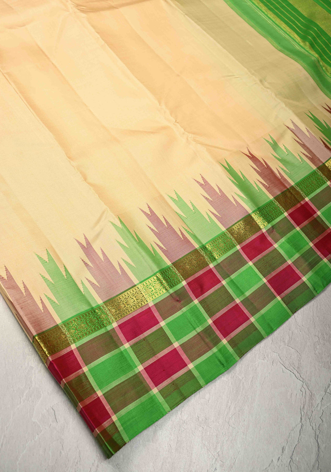 Beige Kanjivaram Pure Silk Saree with Contrast Temple Checks Zari Border | SILK MARK CERTIFIED