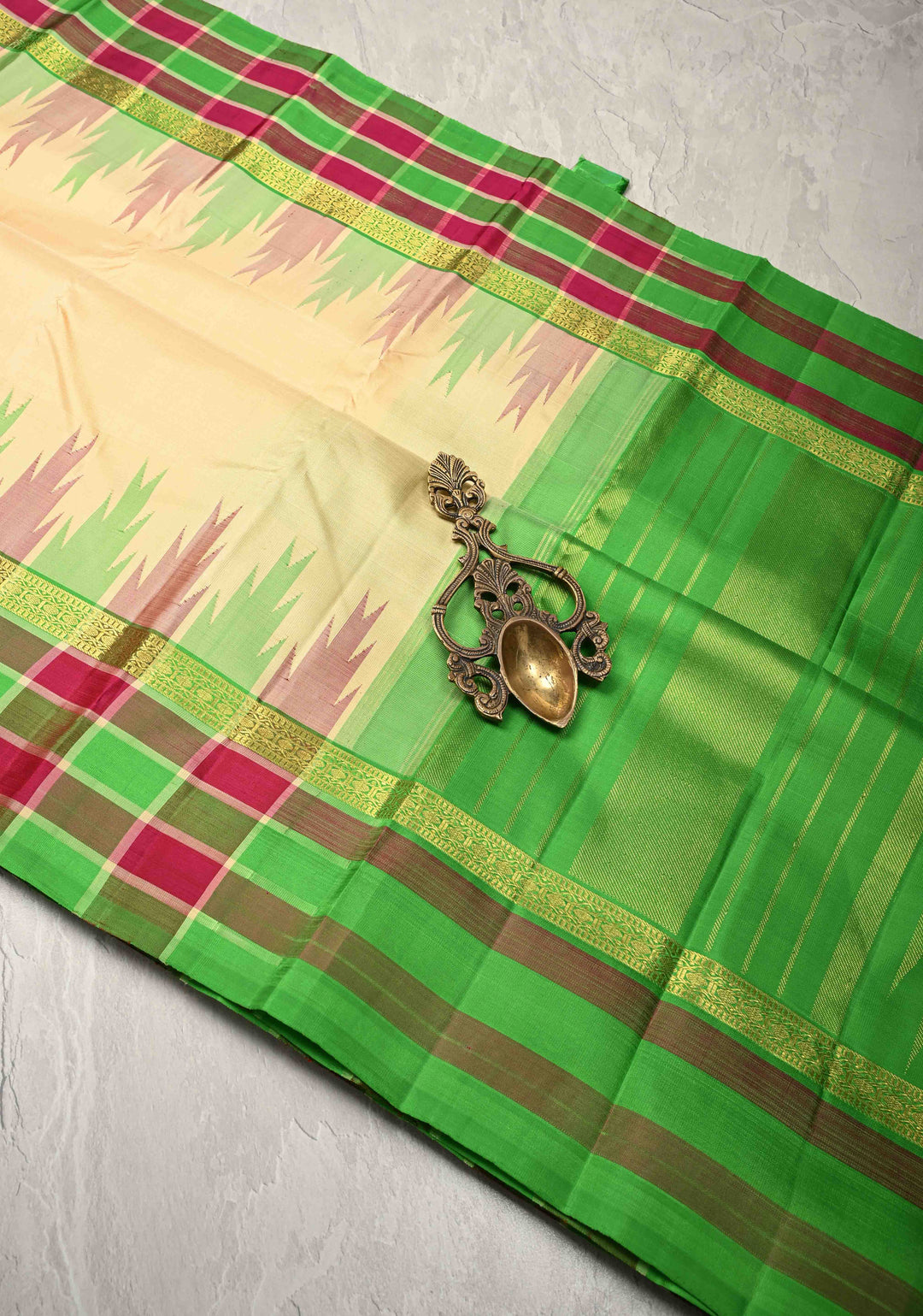 Beige Kanjivaram Pure Silk Saree with Contrast Temple Checks Zari Border | SILK MARK CERTIFIED