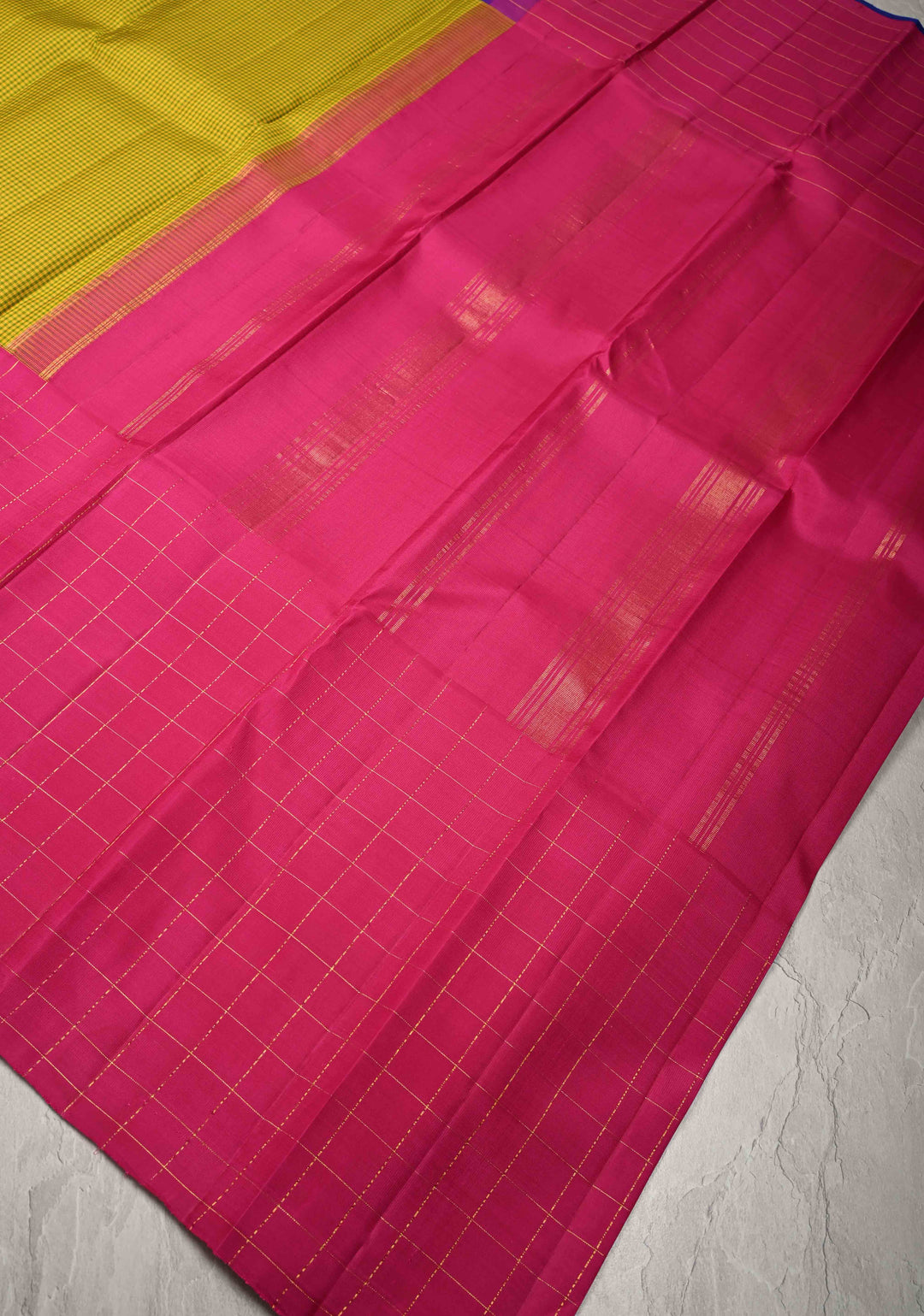 Mubbagam 3 Part Kanjivaram Pure Silk Saree in Hot Pink-Chartreuse and Royal Blue with Gingham-Zari Checks | SILK MARK CERTIFIED