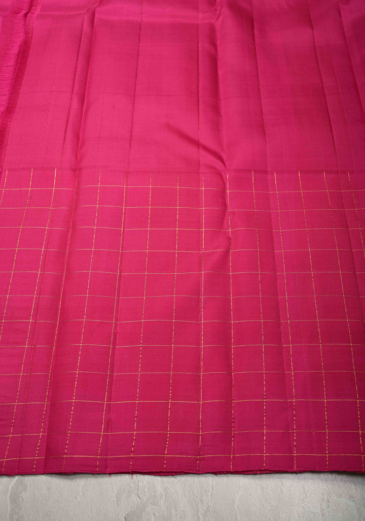Mubbagam 3 Part Kanjivaram Pure Silk Saree in Hot Pink-Chartreuse and Royal Blue with Gingham-Zari Checks | SILK MARK CERTIFIED