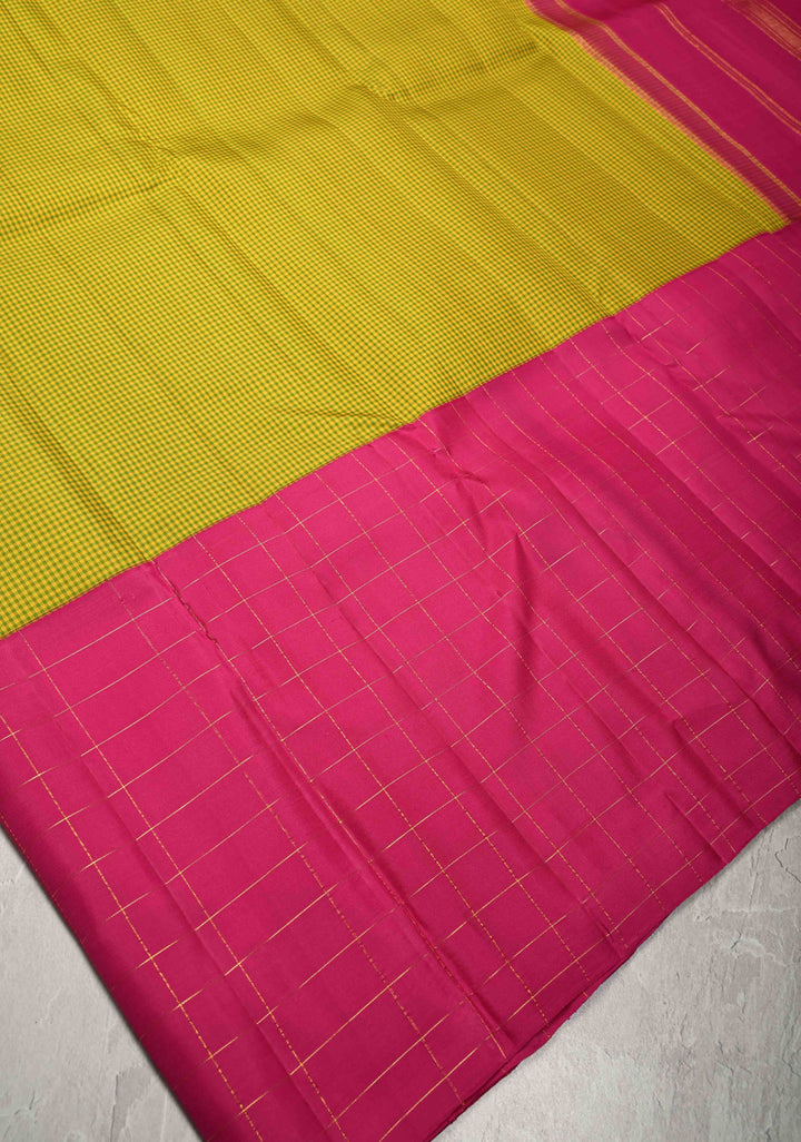 Mubbagam 3 Part Kanjivaram Pure Silk Saree in Hot Pink-Chartreuse and Royal Blue with Gingham-Zari Checks | SILK MARK CERTIFIED