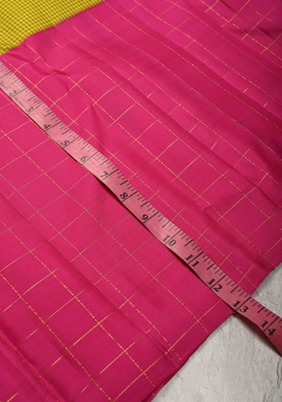 Mubbagam 3 Part Kanjivaram Pure Silk Saree in Hot Pink-Chartreuse and Royal Blue with Gingham-Zari Checks | SILK MARK CERTIFIED