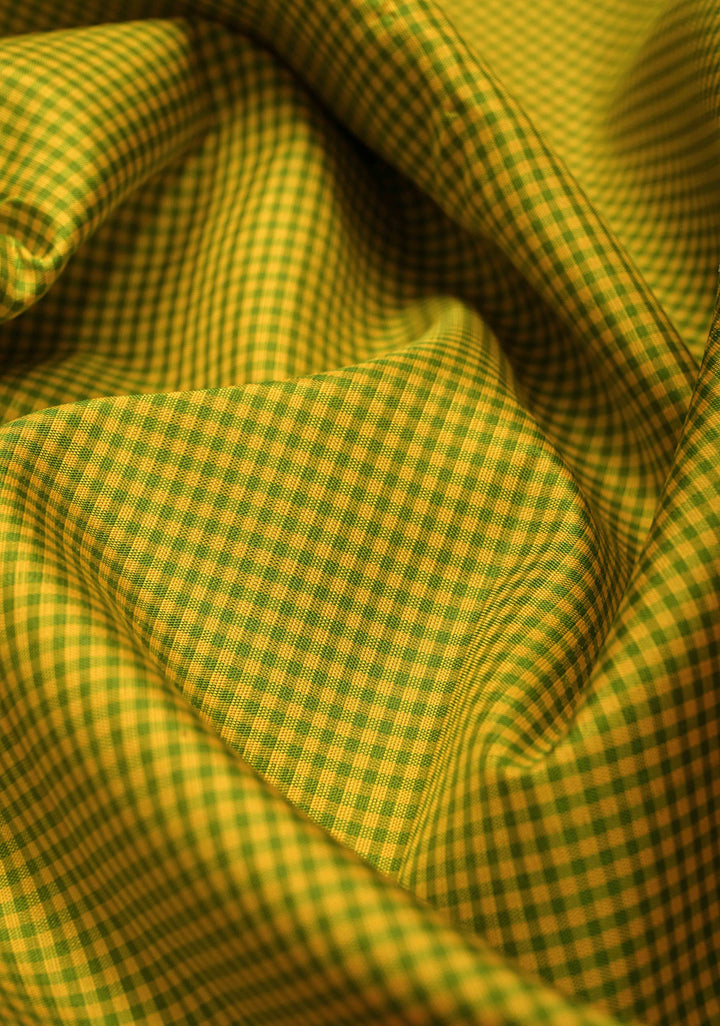 Mubbagam 3 Part Kanjivaram Pure Silk Saree in Hot Pink-Chartreuse and Royal Blue with Gingham-Zari Checks | SILK MARK CERTIFIED