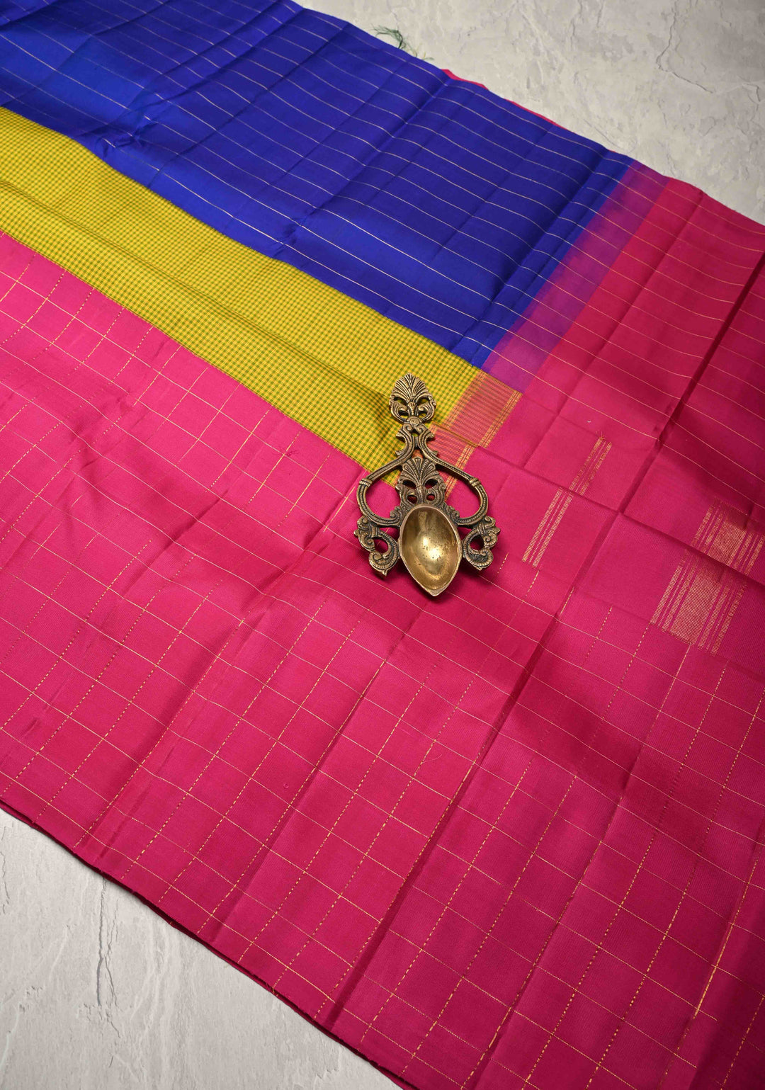 Mubbagam 3 Part Kanjivaram Pure Silk Saree in Hot Pink-Chartreuse and Royal Blue with Gingham-Zari Checks | SILK MARK CERTIFIED