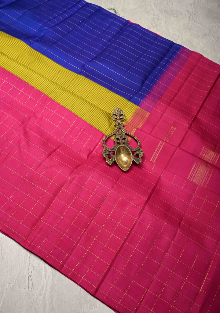 Mubbagam 3 Part Kanjivaram Pure Silk Saree in Hot Pink-Chartreuse and Royal Blue with Gingham-Zari Checks | SILK MARK CERTIFIED