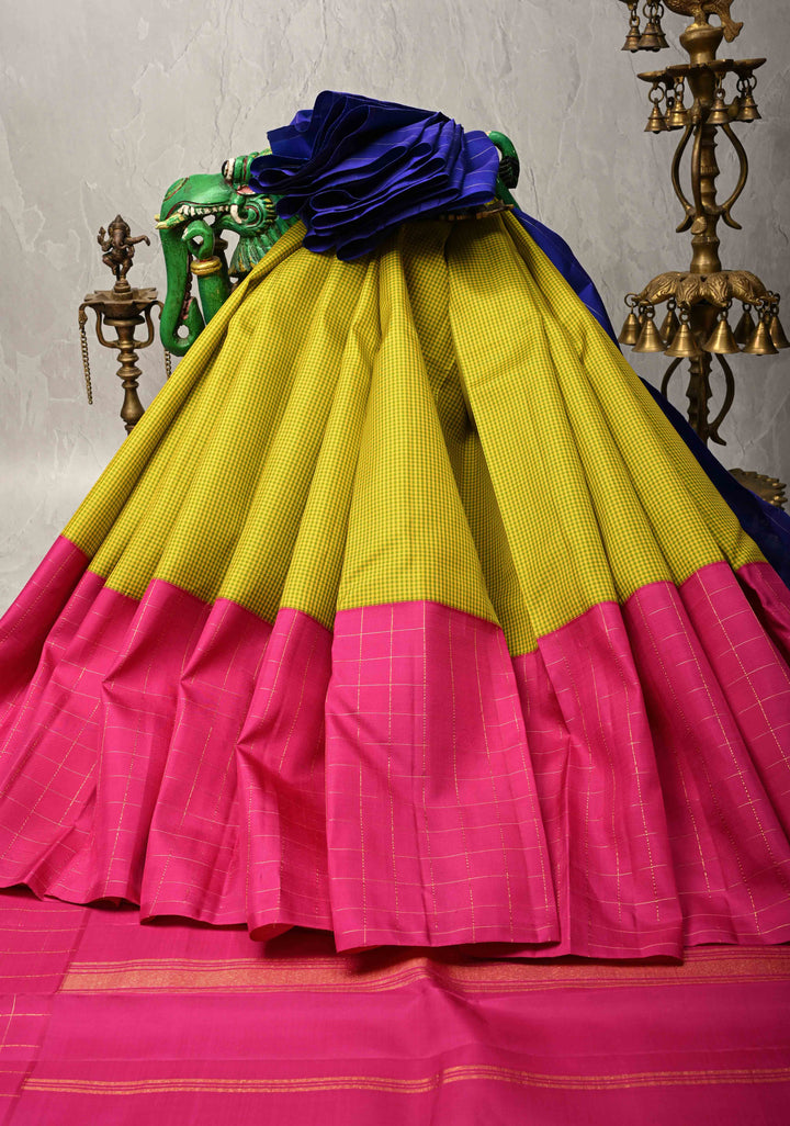 Mubbagam 3 Part Kanjivaram Pure Silk Saree in Hot Pink-Chartreuse and Royal Blue with Gingham-Zari Checks | SILK MARK CERTIFIED