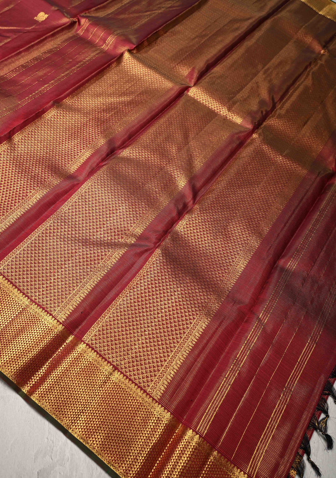 Deep Maroon Vairaoosi Zari Stripes on Kanjivaram Pure Silk Saree with Zari Buttas and Biscuit Zari Border | SILK MARK CERTIFIED