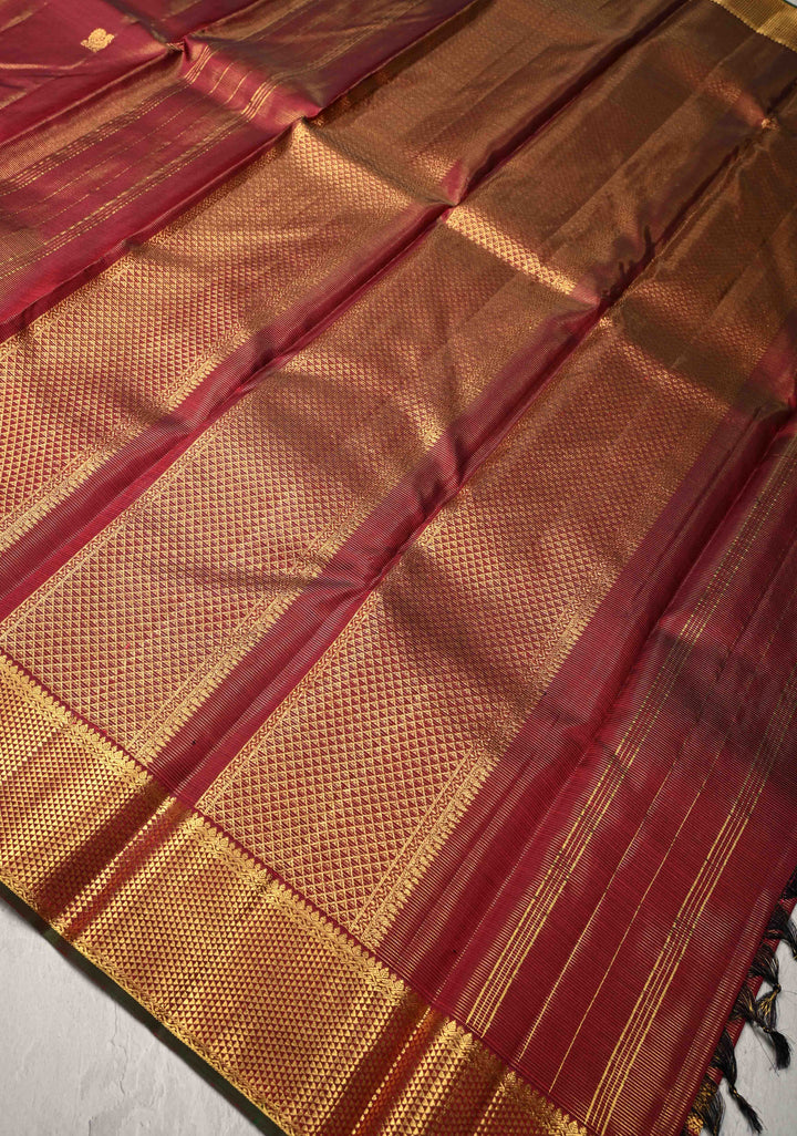 Deep Maroon Vairaoosi Zari Stripes on Kanjivaram Pure Silk Saree with Zari Buttas and Biscuit Zari Border | SILK MARK CERTIFIED