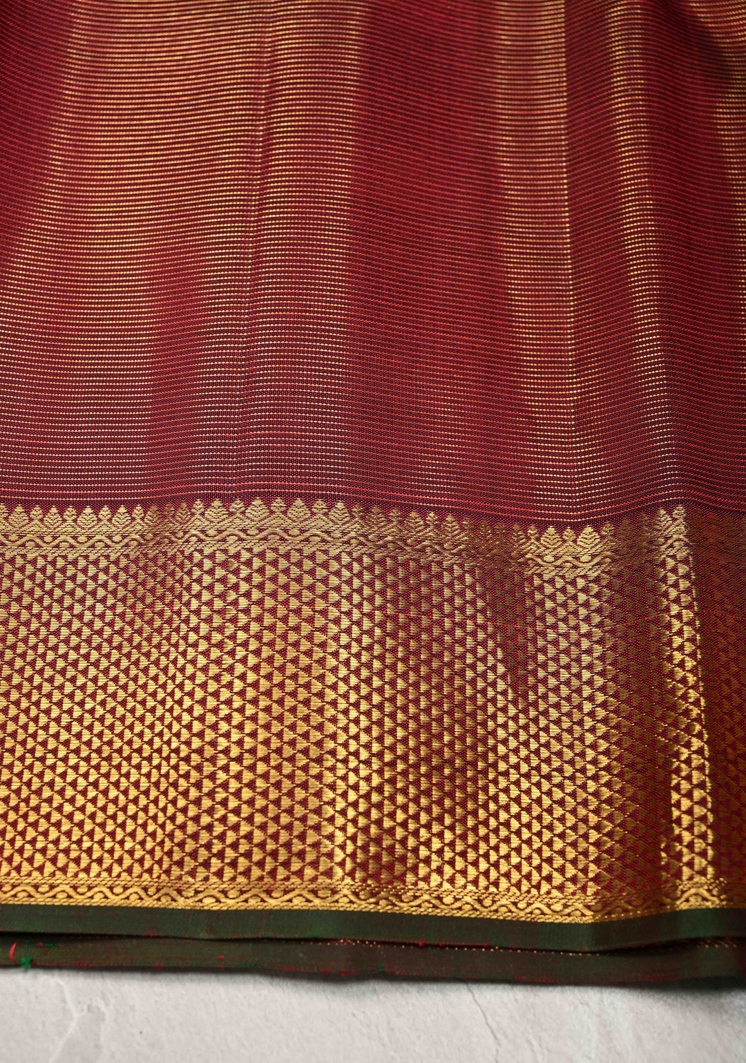 Deep Maroon Vairaoosi Zari Stripes on Kanjivaram Pure Silk Saree with Zari Buttas and Biscuit Zari Border | SILK MARK CERTIFIED
