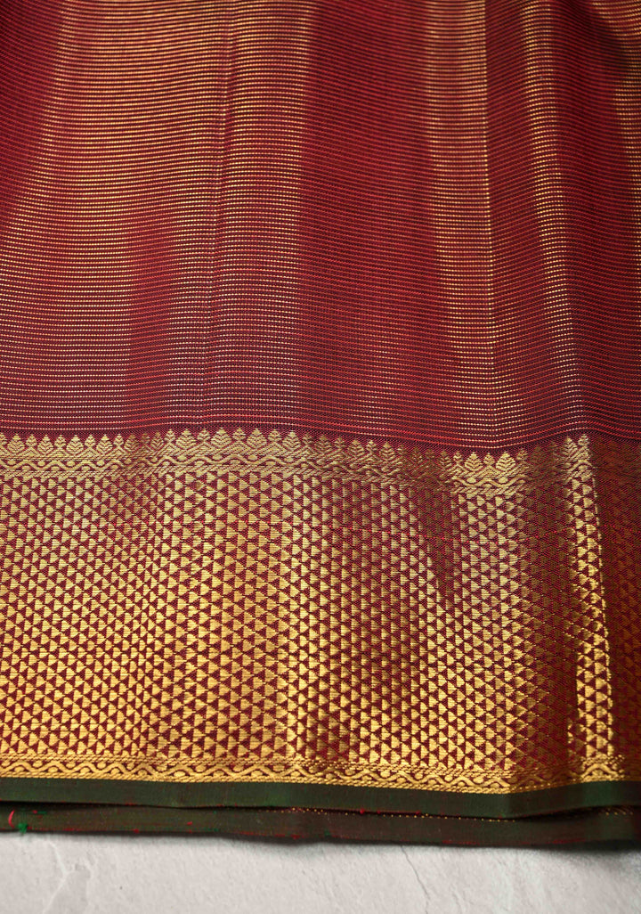 Deep Maroon Vairaoosi Zari Stripes on Kanjivaram Pure Silk Saree with Zari Buttas and Biscuit Zari Border | SILK MARK CERTIFIED