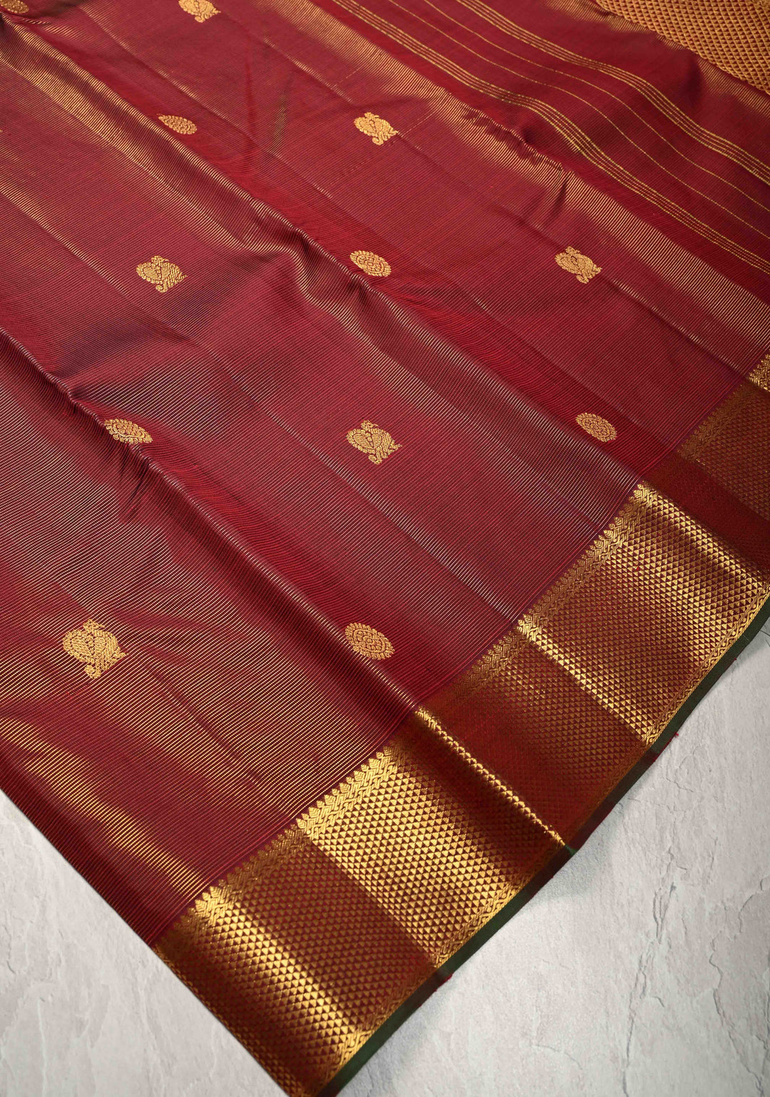 Deep Maroon Vairaoosi Zari Stripes on Kanjivaram Pure Silk Saree with Zari Buttas and Biscuit Zari Border | SILK MARK CERTIFIED