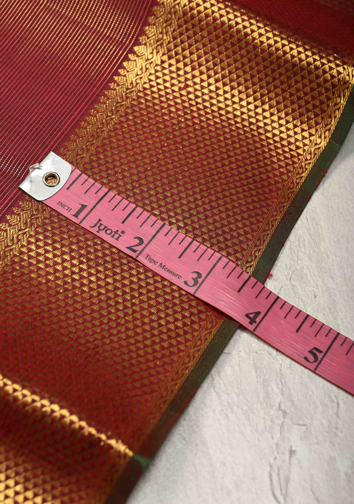 Deep Maroon Vairaoosi Zari Stripes on Kanjivaram Pure Silk Saree with Zari Buttas and Biscuit Zari Border | SILK MARK CERTIFIED