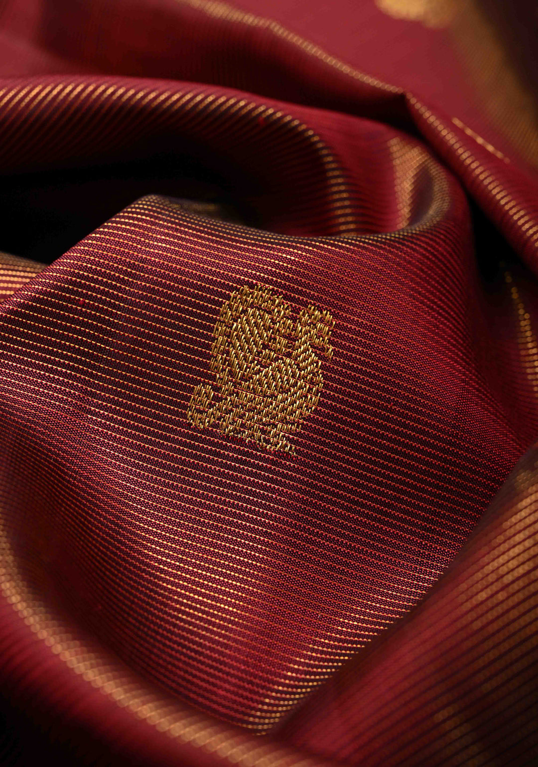 Deep Maroon Vairaoosi Zari Stripes on Kanjivaram Pure Silk Saree with Zari Buttas and Biscuit Zari Border | SILK MARK CERTIFIED