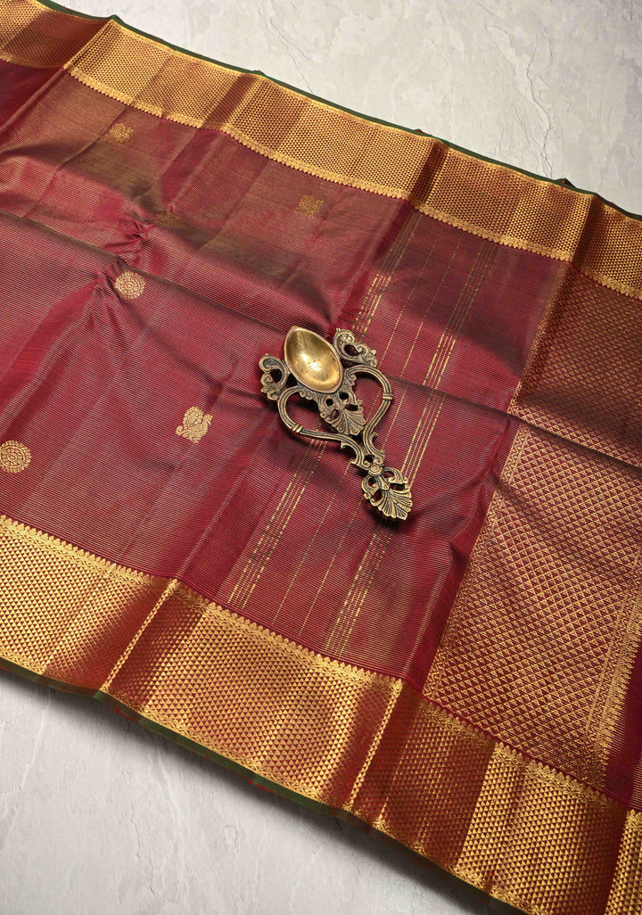 Deep Maroon Vairaoosi Zari Stripes on Kanjivaram Pure Silk Saree with Zari Buttas and Biscuit Zari Border | SILK MARK CERTIFIED