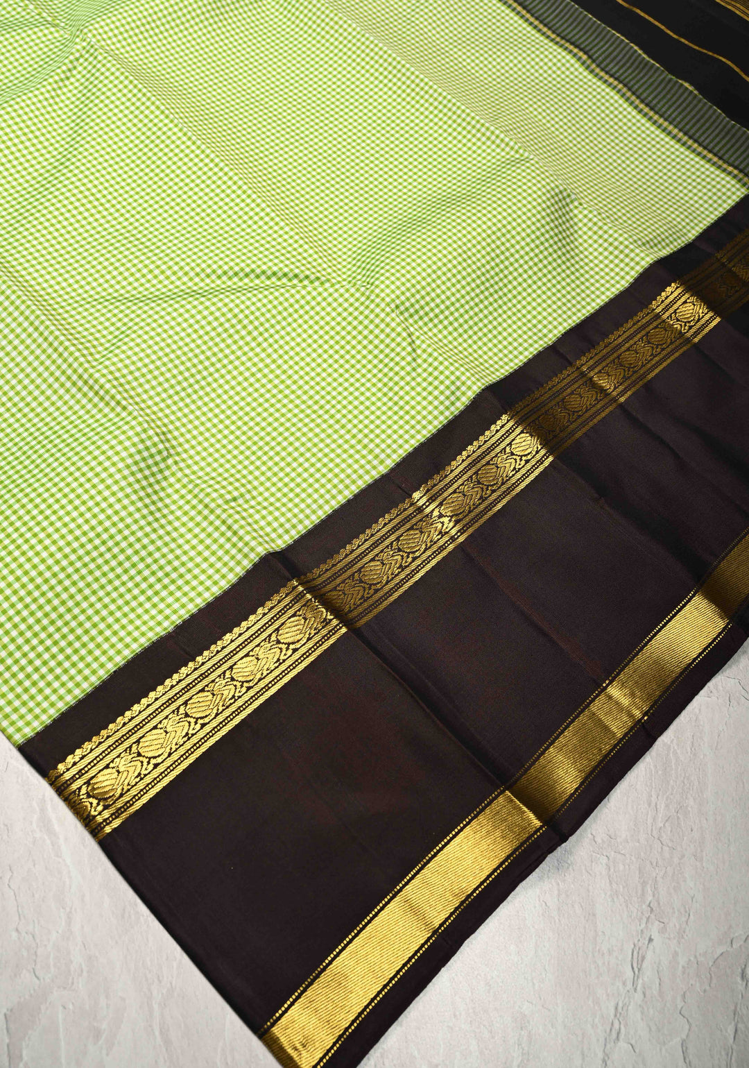 Green -White Vintage Checks on Kanjivaram Pure Silk Saree with Contrast Rettaipet Zari Border | SILK MARK CERTIFIED