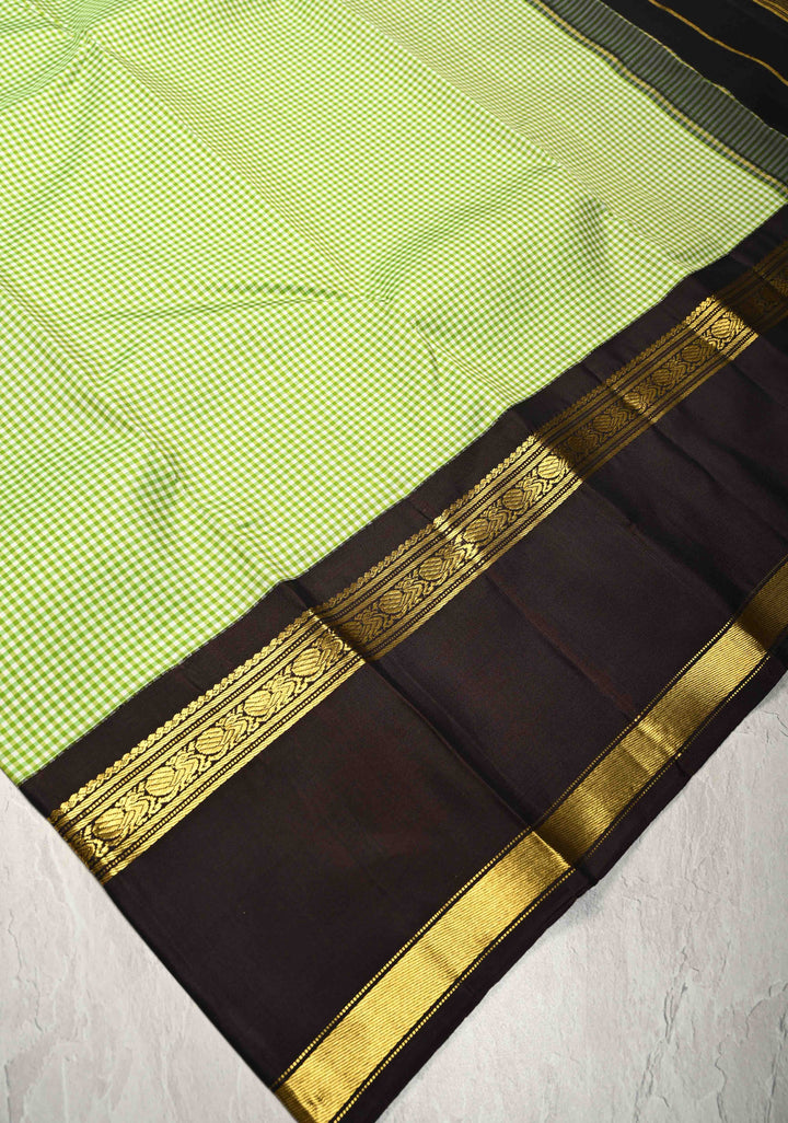Green -White Vintage Checks on Kanjivaram Pure Silk Saree with Contrast Rettaipet Zari Border | SILK MARK CERTIFIED
