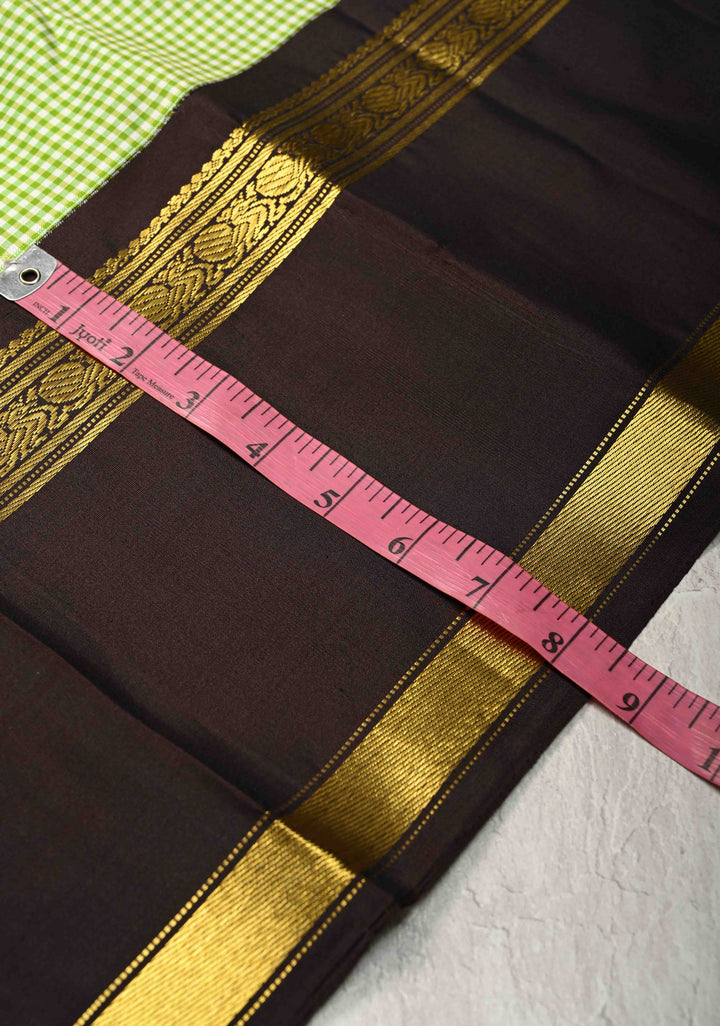 Green -White Vintage Checks on Kanjivaram Pure Silk Saree with Contrast Rettaipet Zari Border | SILK MARK CERTIFIED