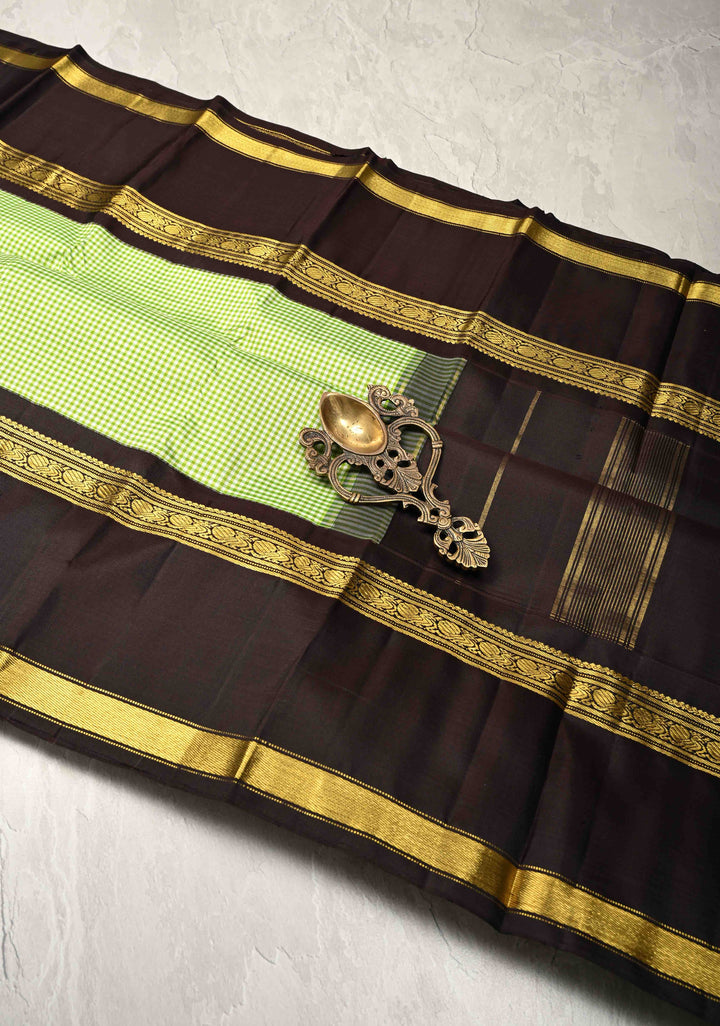 Green -White Vintage Checks on Kanjivaram Pure Silk Saree with Contrast Rettaipet Zari Border | SILK MARK CERTIFIED