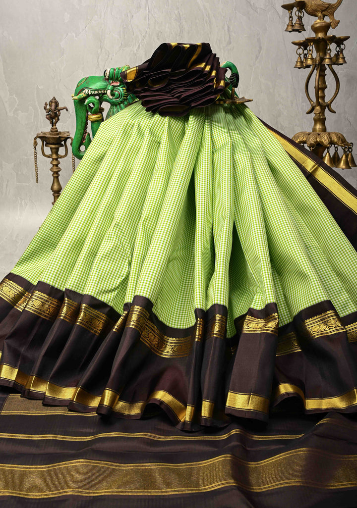 Green -White Vintage Checks on Kanjivaram Pure Silk Saree with Contrast Rettaipet Zari Border | SILK MARK CERTIFIED