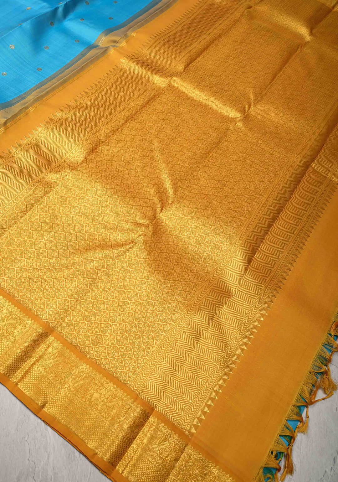 Ananda Blue Kanjivaram Pure Silk Saree with Chunri Buttis and Contrast Zari Border | SILK MARK CERTIFIED