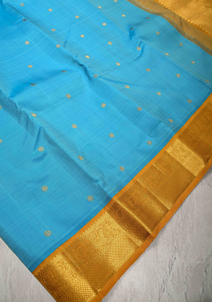 Ananda Blue Kanjivaram Pure Silk Saree with Chunri Buttis and Contrast Zari Border | SILK MARK CERTIFIED