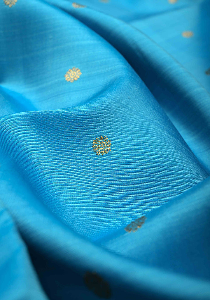 Ananda Blue Kanjivaram Pure Silk Saree with Chunri Buttis and Contrast Zari Border | SILK MARK CERTIFIED