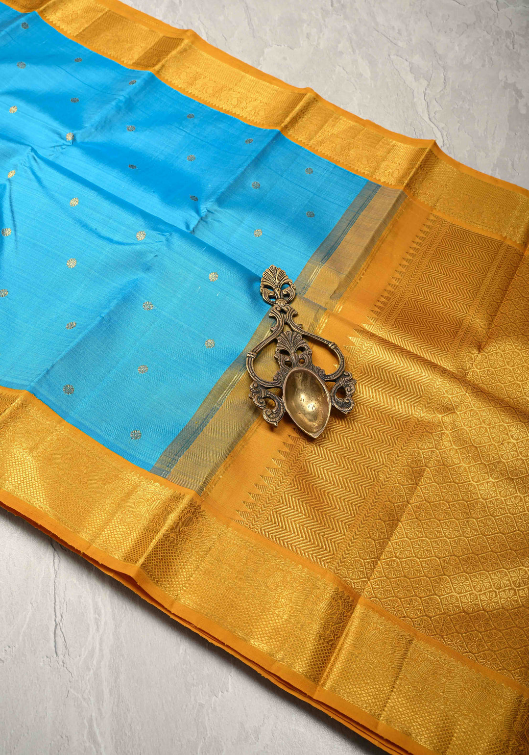 Ananda Blue Kanjivaram Pure Silk Saree with Chunri Buttis and Contrast Zari Border | SILK MARK CERTIFIED