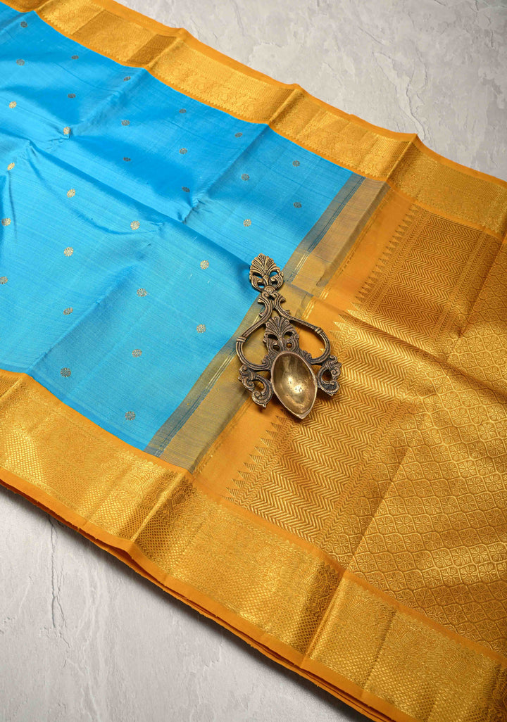 Ananda Blue Kanjivaram Pure Silk Saree with Chunri Buttis and Contrast Zari Border | SILK MARK CERTIFIED