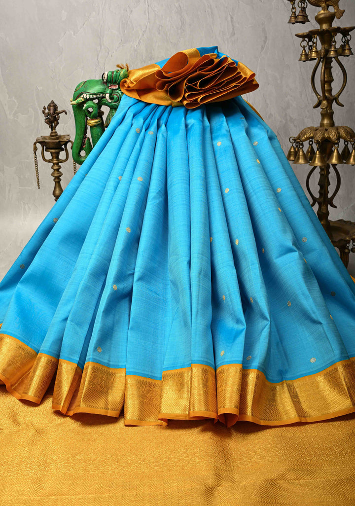 Ananda Blue Kanjivaram Pure Silk Saree with Chunri Buttis and Contrast Zari Border | SILK MARK CERTIFIED