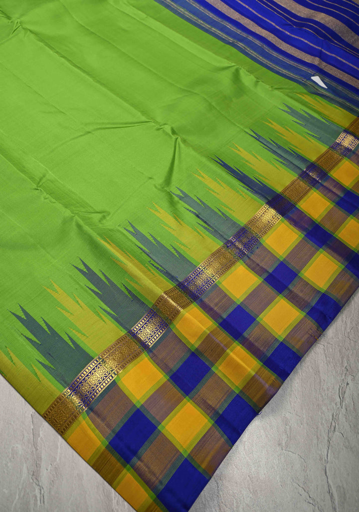 Parrot Green Kanjivaram Pure Silk Saree with Contrast Temple Checks Border | SILK MARK CERTIFIED