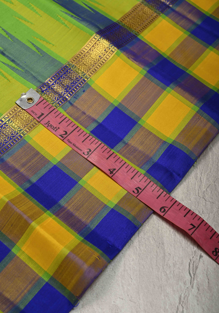 Parrot Green Kanjivaram Pure Silk Saree with Contrast Temple Checks Border | SILK MARK CERTIFIED