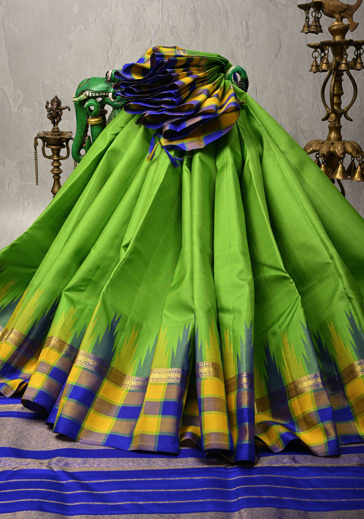Parrot Green Kanjivaram Pure Silk Saree with Contrast Temple Checks Border | SILK MARK CERTIFIED